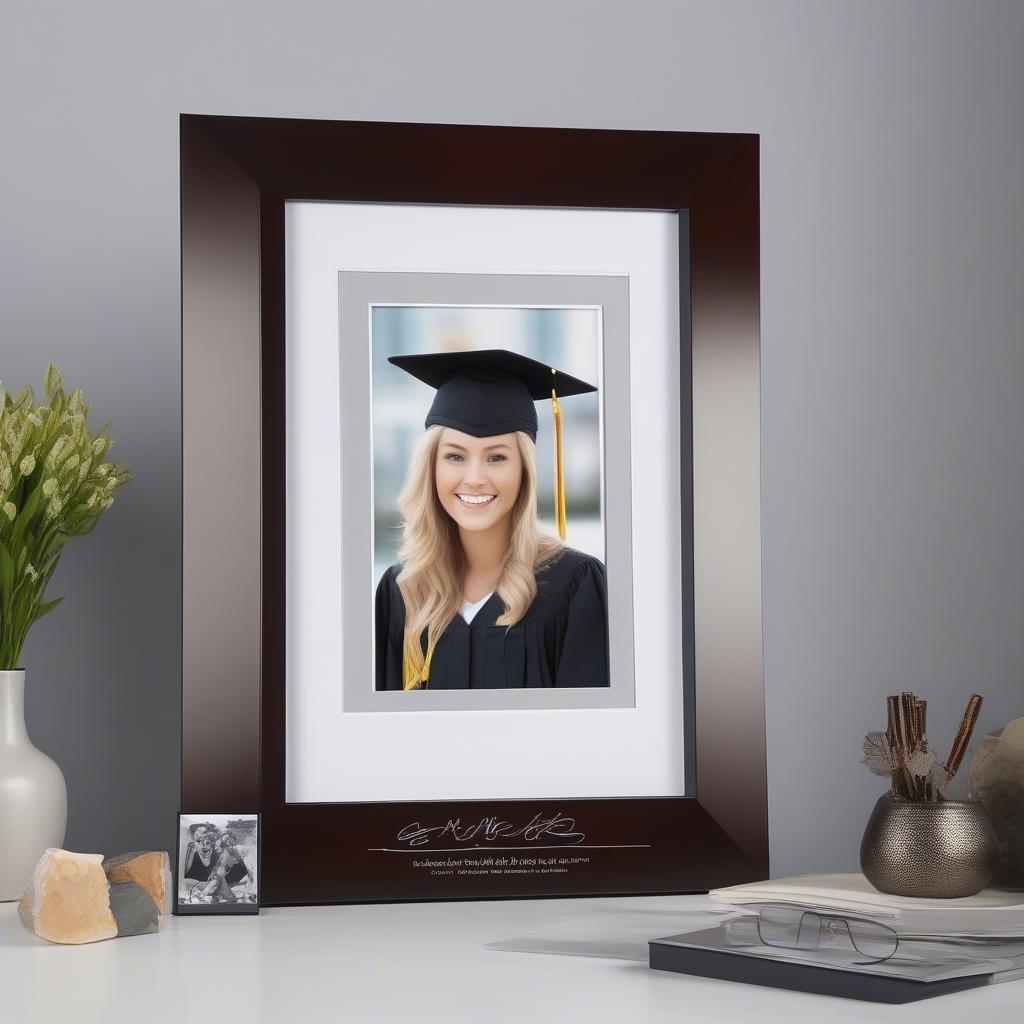 Signature picture frame with a crisp white mat, showcasing a graduation photo and surrounded by signatures from friends and family.