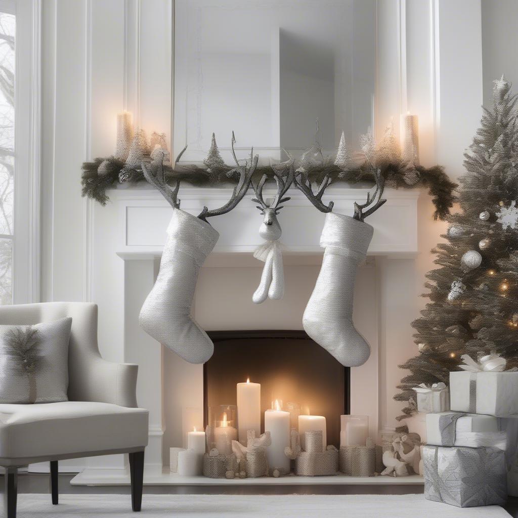 Silver Reindeer Stocking Holders in a Modern Decor Setting