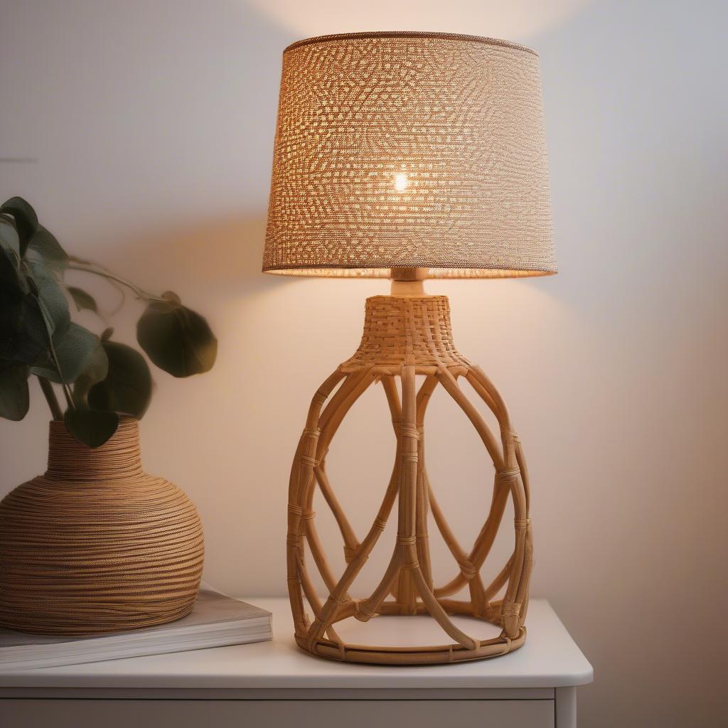 Rattan lampshade featuring a subtle skeleton peace sign pattern