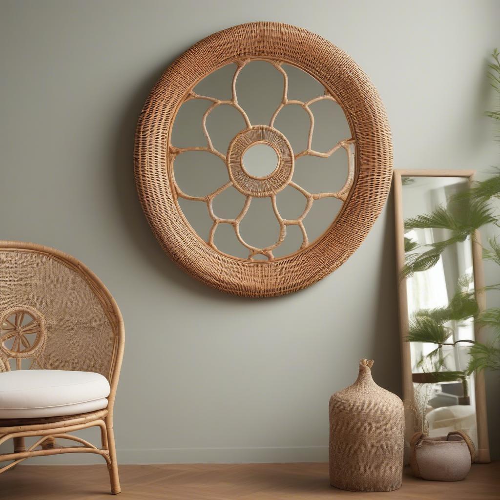 Rattan mirror framed with a skeleton peace sign design