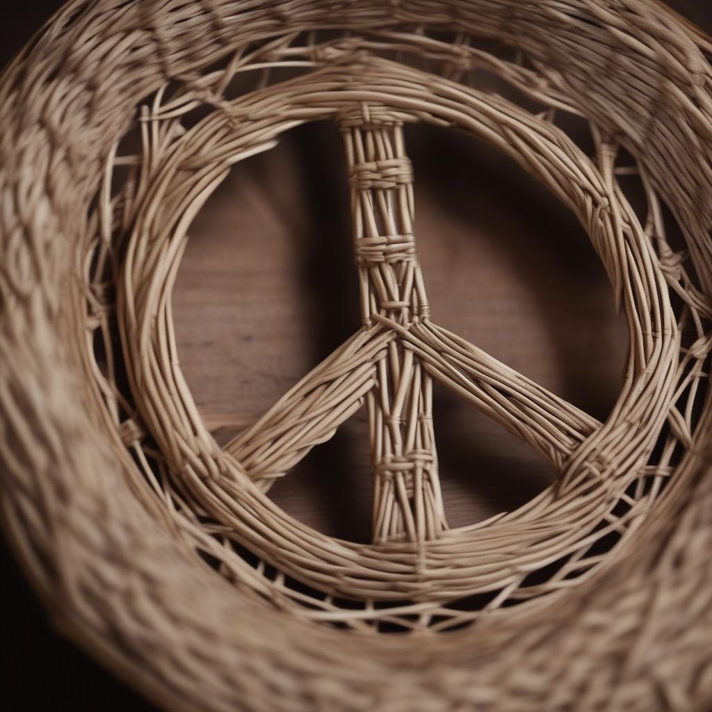 Wicker basket featuring a prominent skeleton peace sign woven into its design