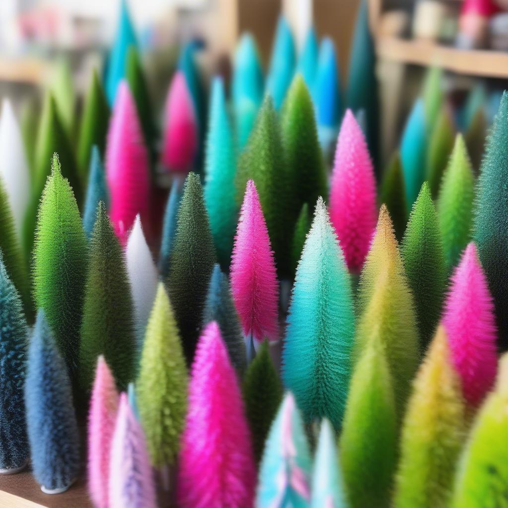 Small bottle brush trees in various colors displayed in a craft store