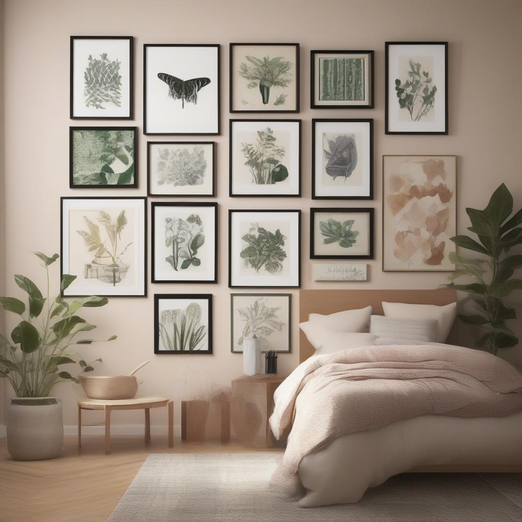 A bedroom gallery wall featuring a mix of small canvas prints