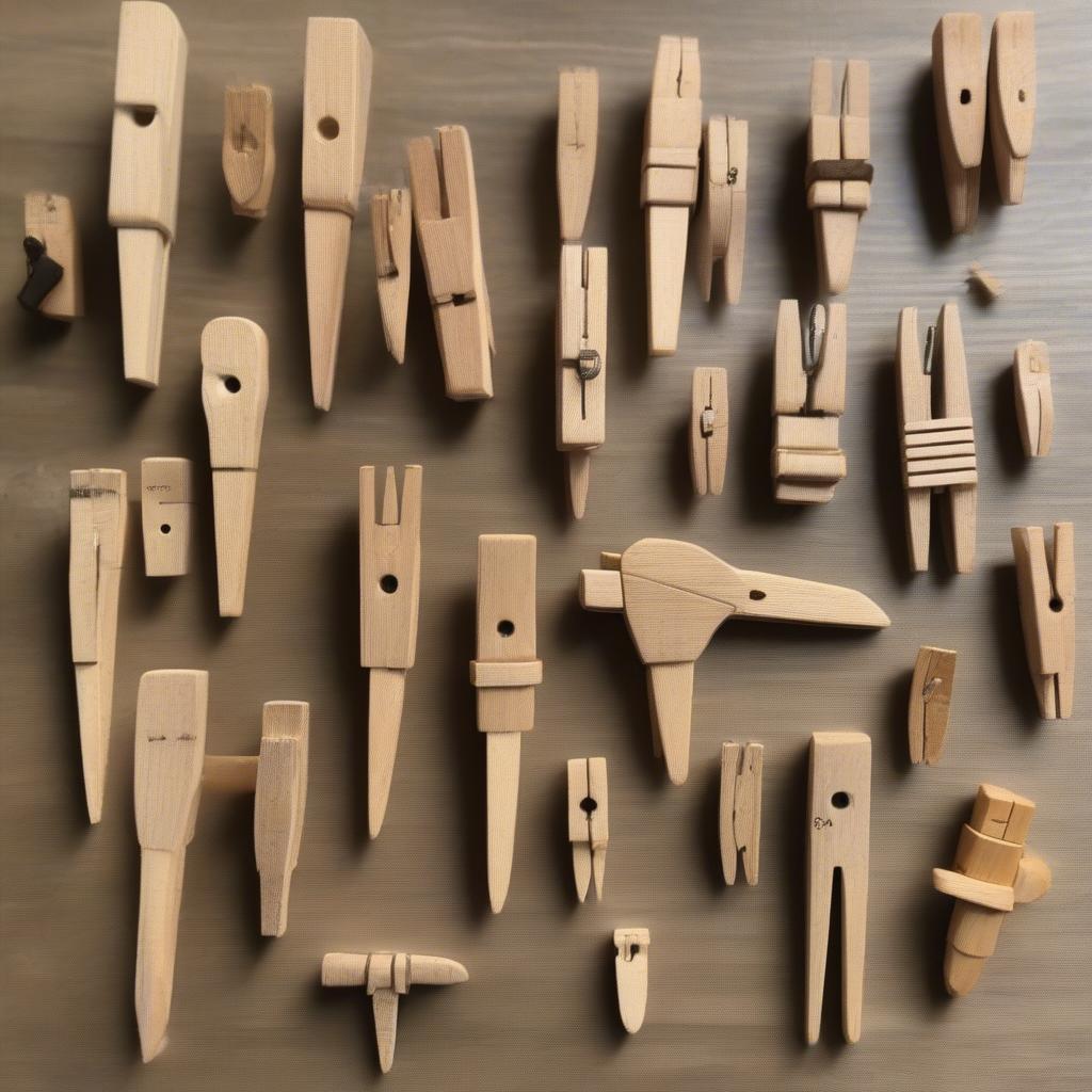 Different types and sizes of small wooden clothespins.