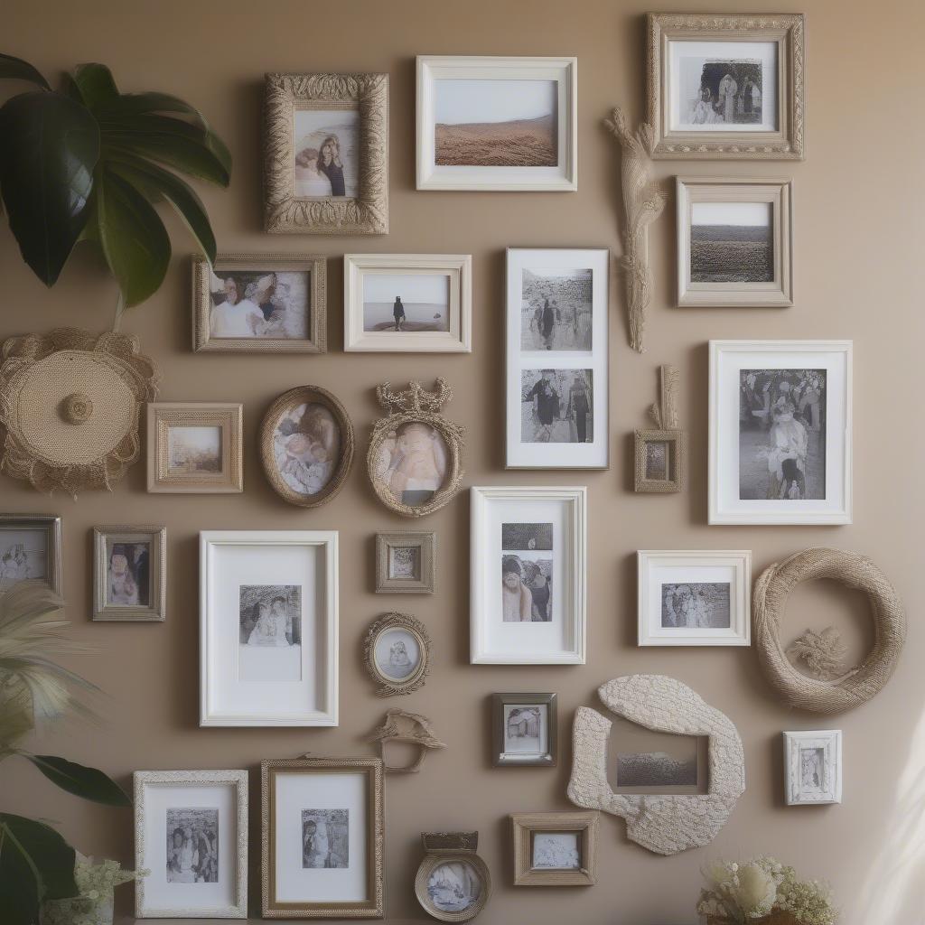 Small collage picture frames arranged on a wall, showcasing various family photos and travel memories