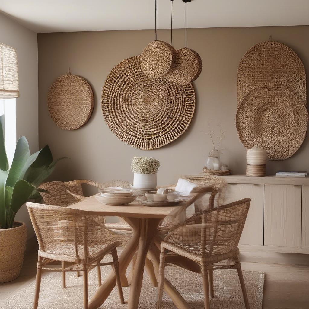 Wicker wall decor in a small dining room setting, showcasing how natural textures can enhance the space.