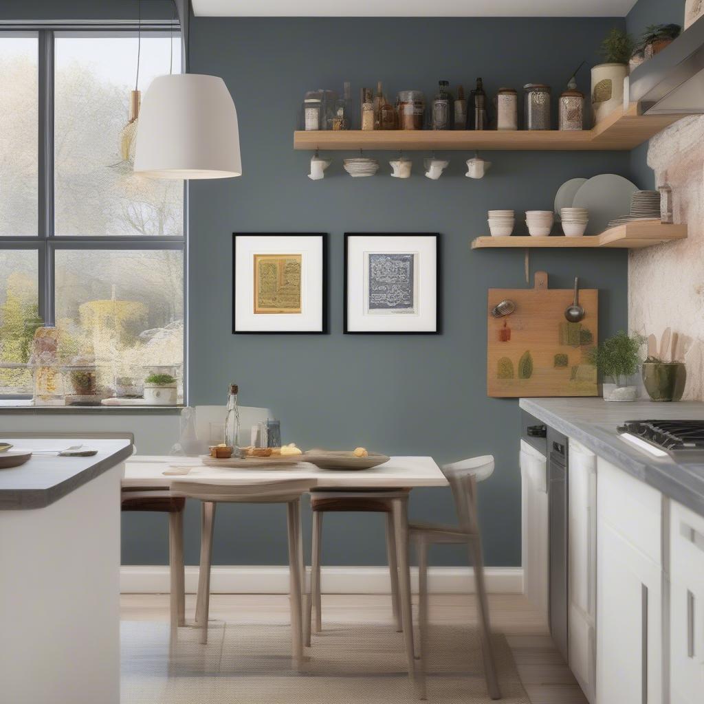 Small framed artwork adds personality to a kitchen