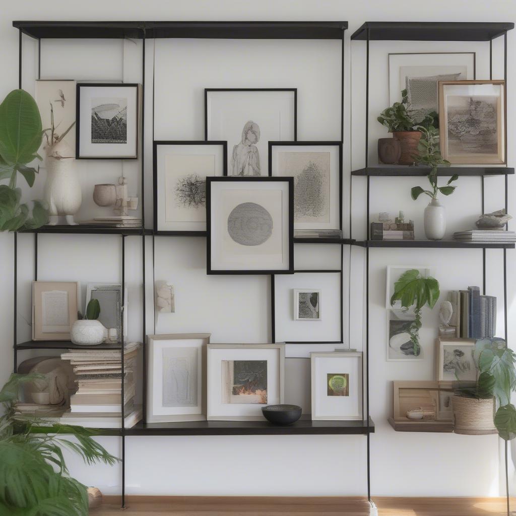 Small framed artwork displayed on shelves