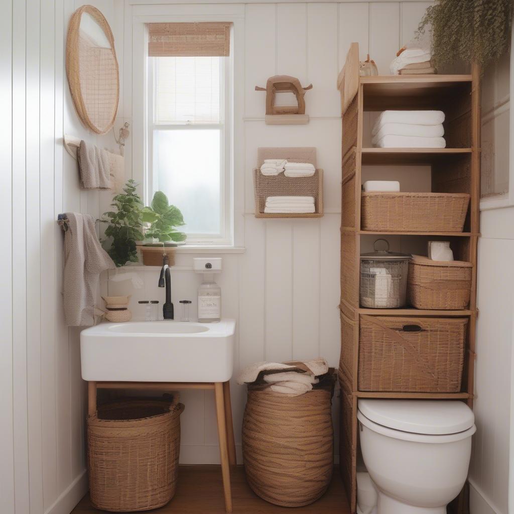 Small house bathroom with wicker laundry basket