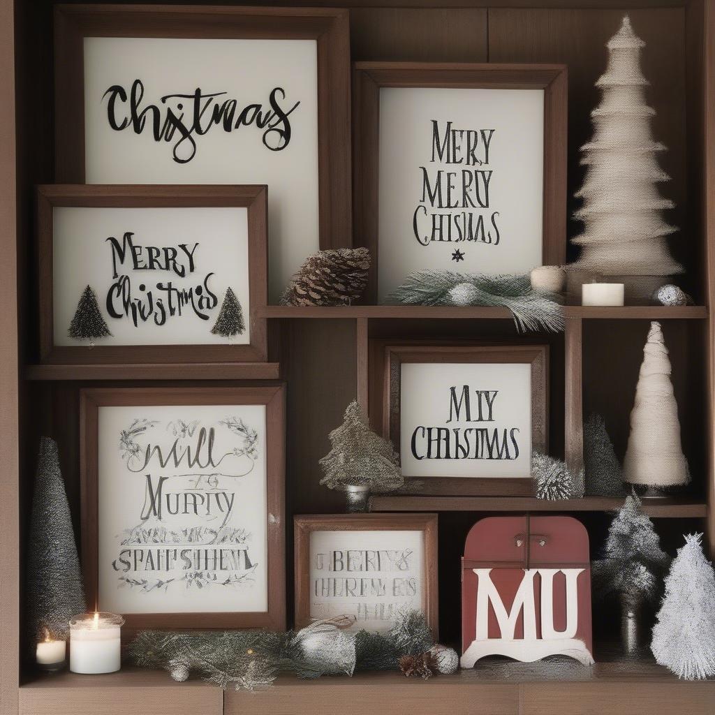 Various styles of small merry Christmas signs displayed on different surfaces.