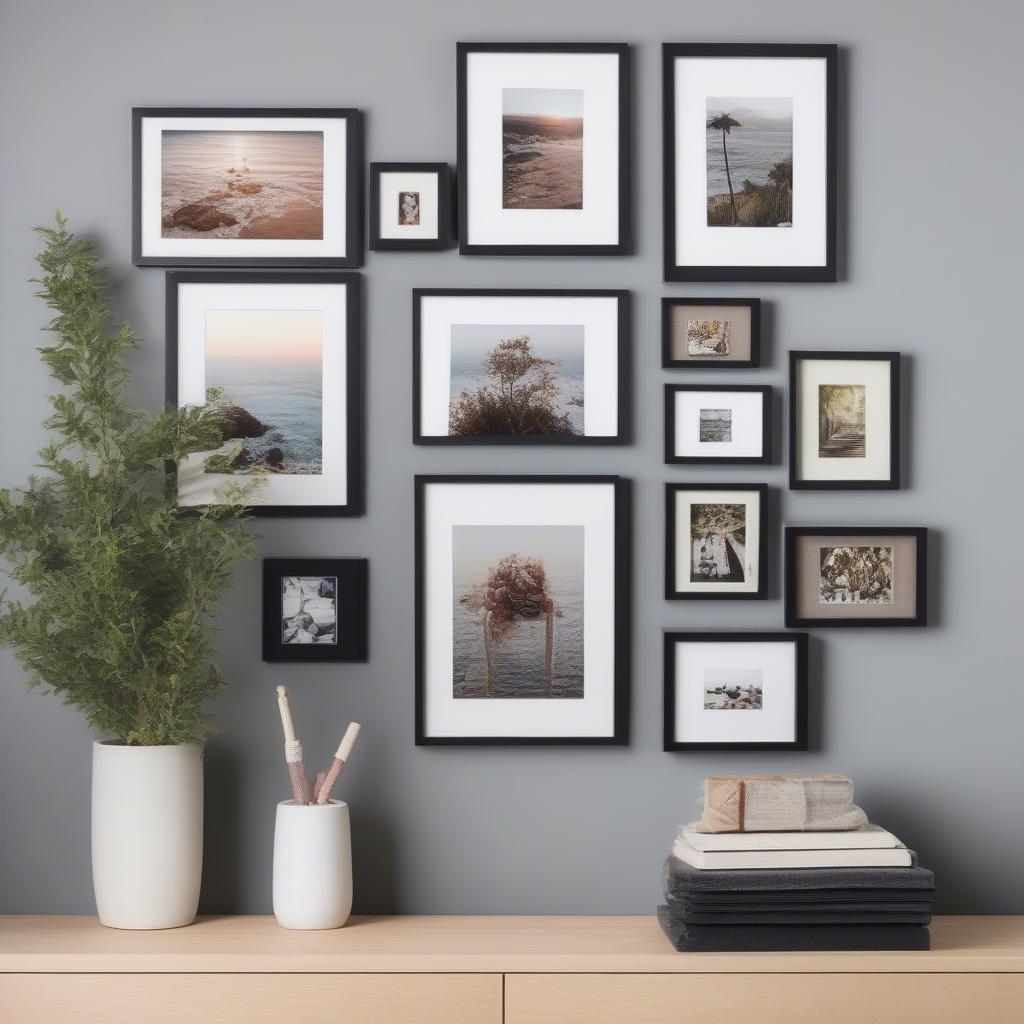 Variety of Small Photo Prints Displayed in Different Frames and Arrangements