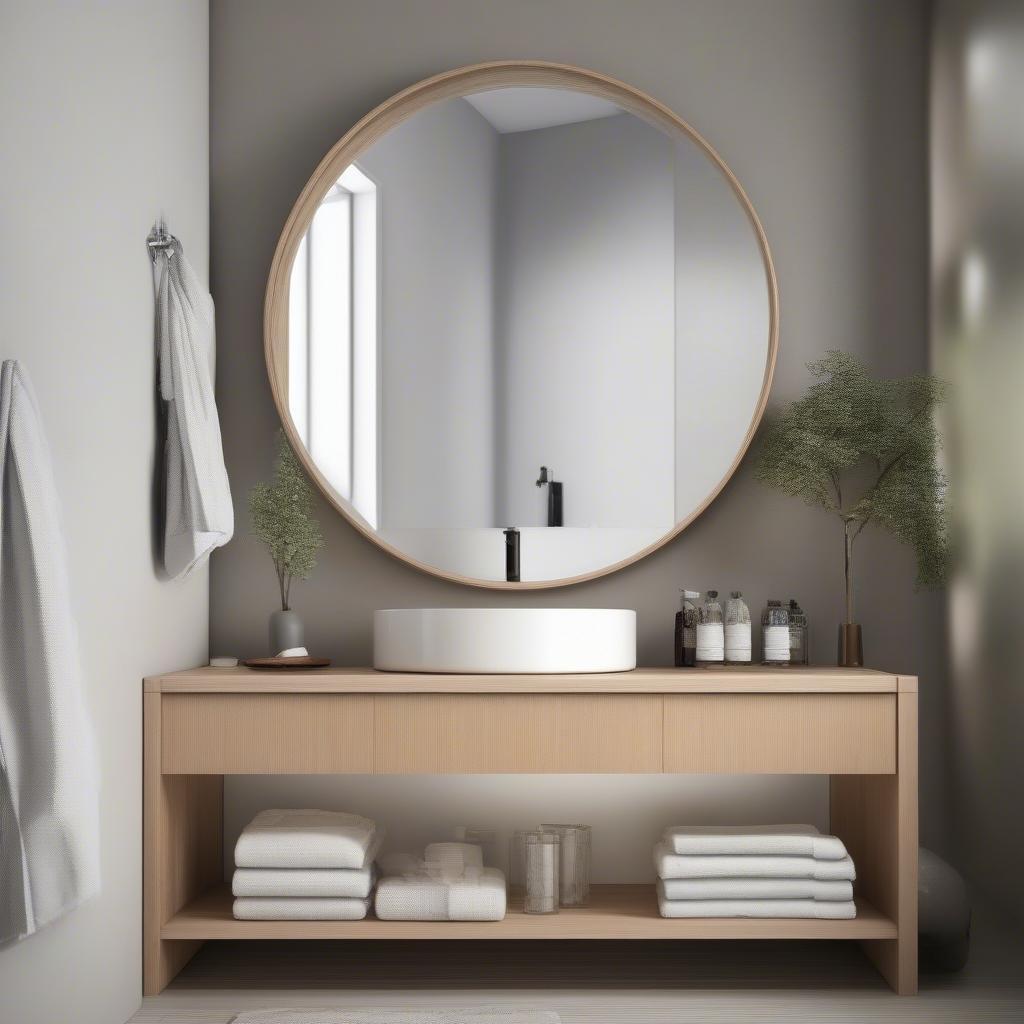 Small Round Mirror with Wooden Frame in a Bathroom