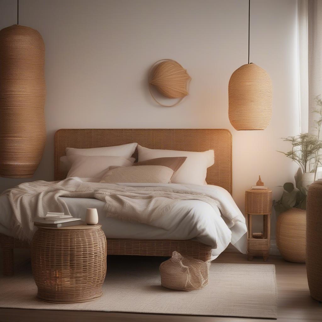 Rattan table lamps and floor lamps placed strategically in a small bedroom to enhance the warm and cozy atmosphere.