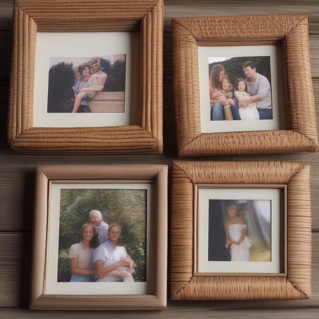 Small square wicker picture frames displayed on a table