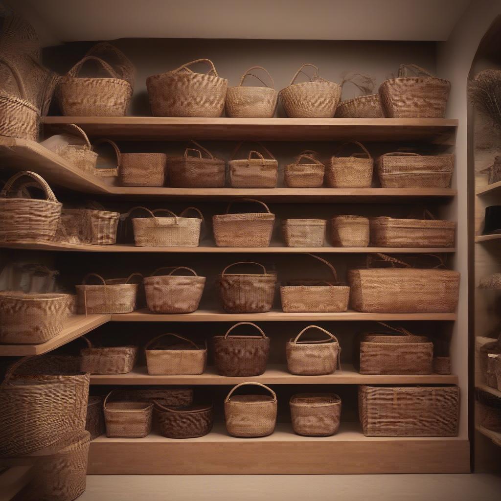 Wicker baskets displayed in a small retail store