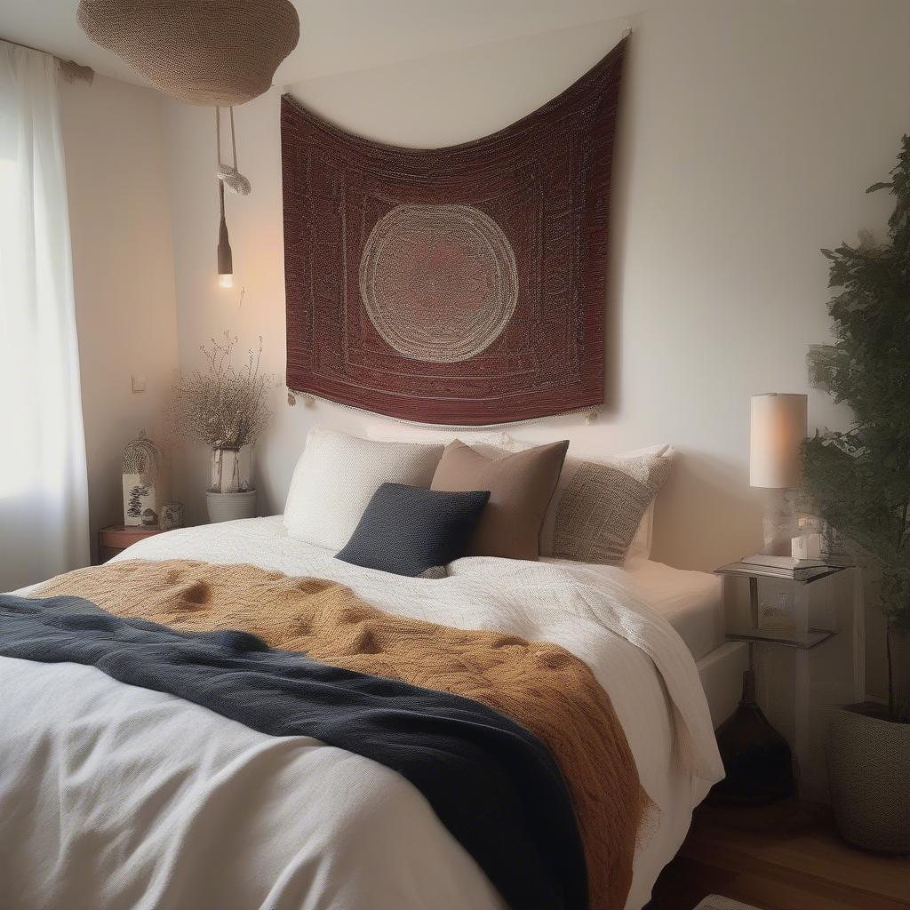 Small tapestry above bed as bedroom decor