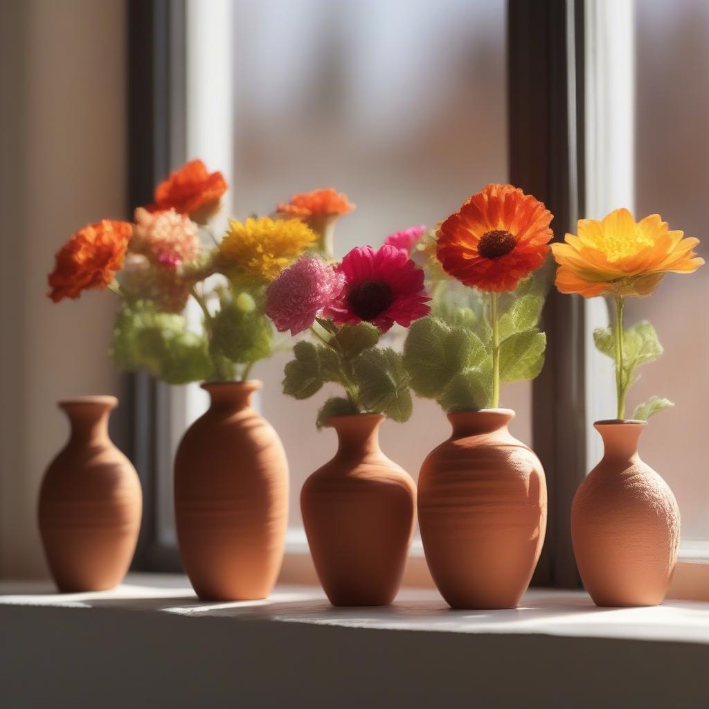 Small terracotta vases with fresh flowers on a windowsill