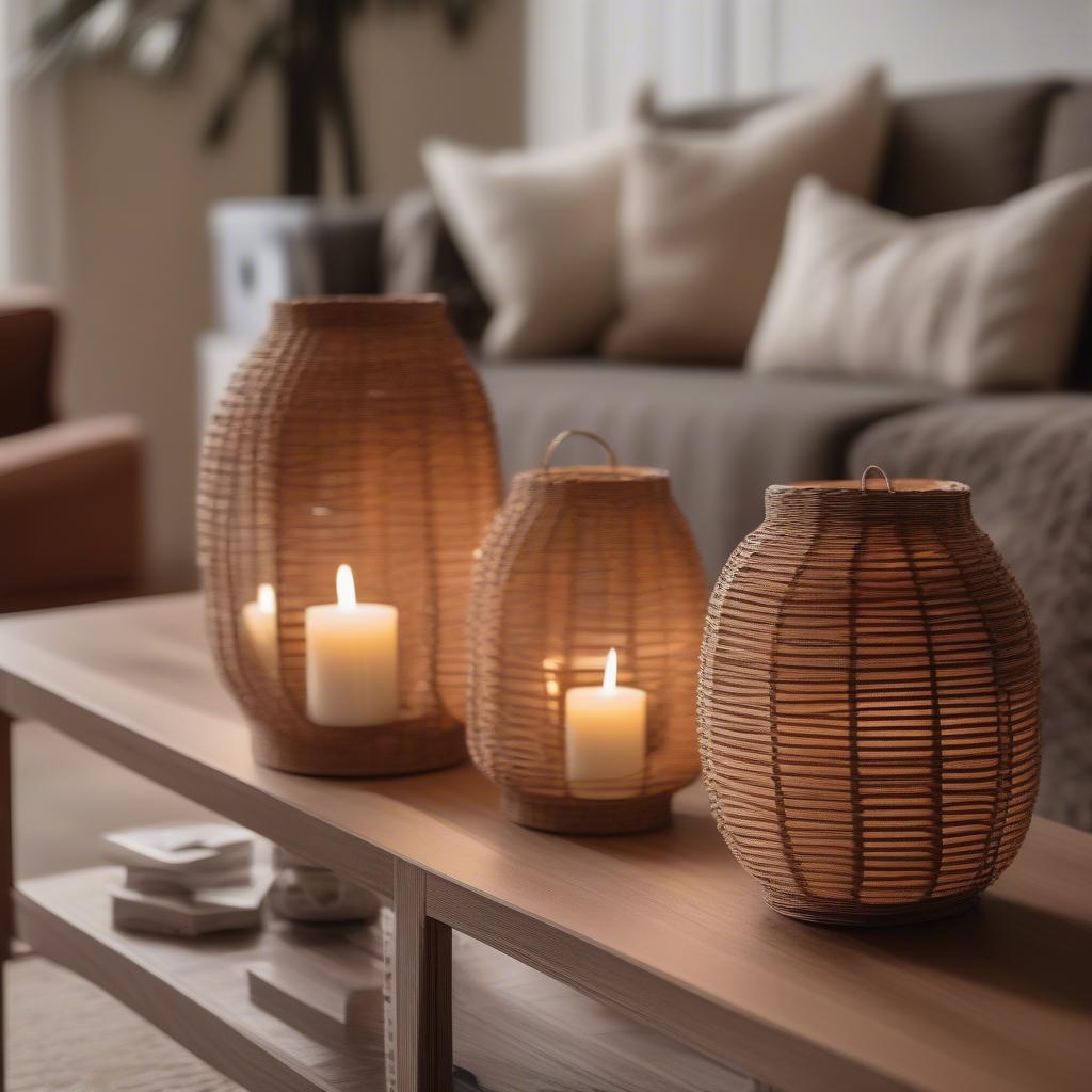 Small wicker lanterns used as decorative pieces in a living room setting