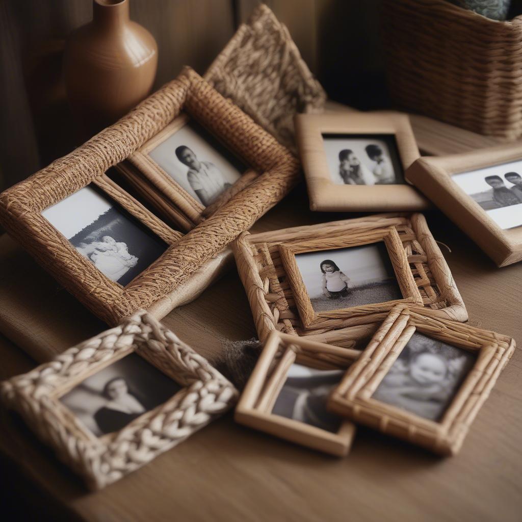 Small wicker picture frames displayed on a table