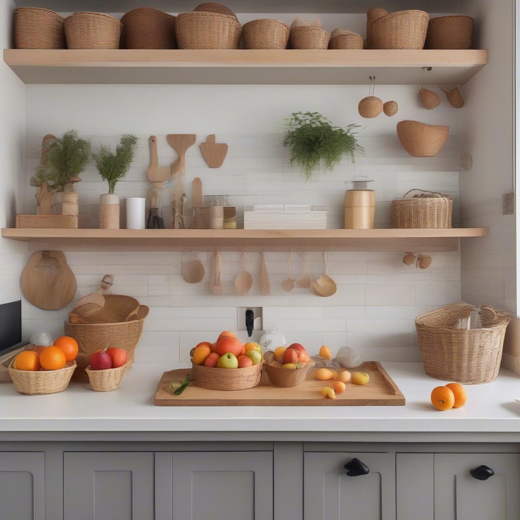 Small wood baskets used for organizing fruits and vegetables in a kitchen setting.