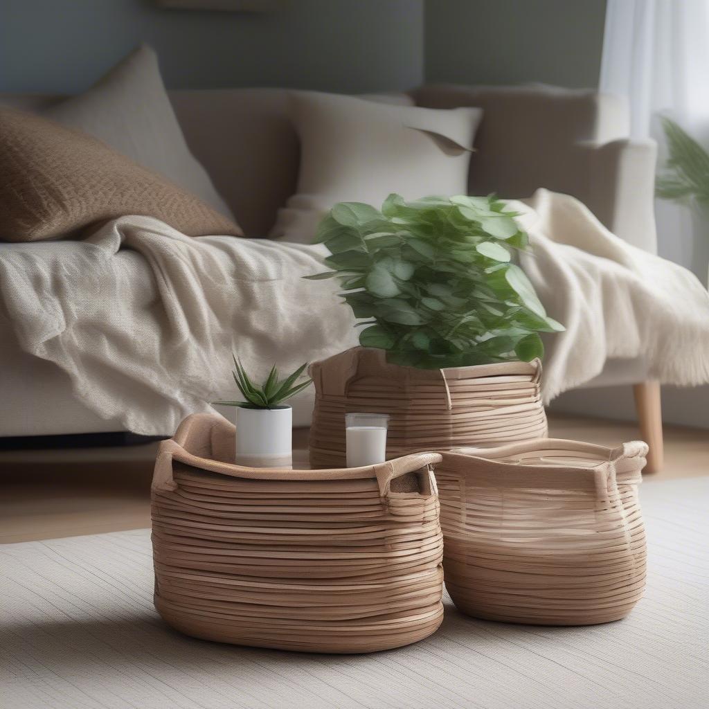 Small wood baskets used as decorative accents in a living room setting, holding plants and magazines.