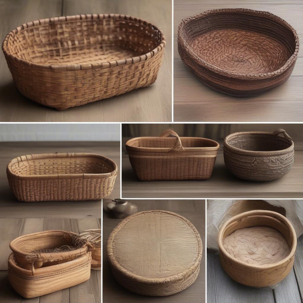 Variety of small wood baskets showcasing different shapes, sizes, and weaving patterns.