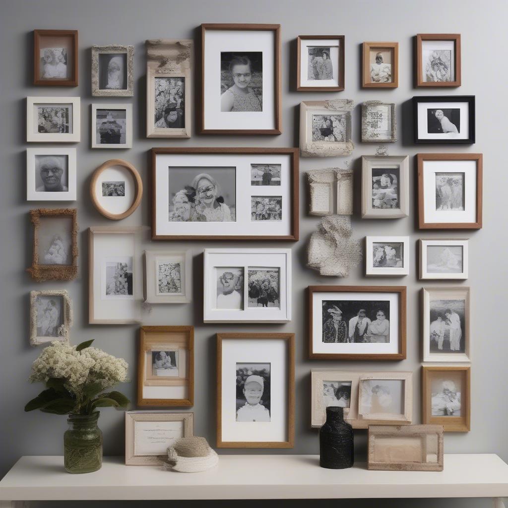 A gallery wall featuring a collection of small wood frames displaying photos, quotes, and pressed botanicals.