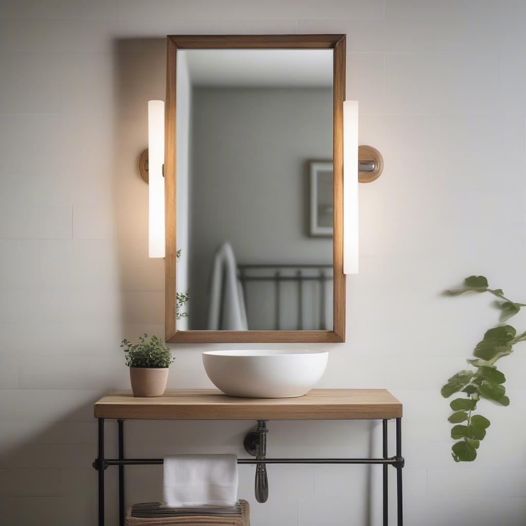 Small wood framed mirror hanging above a bathroom sink