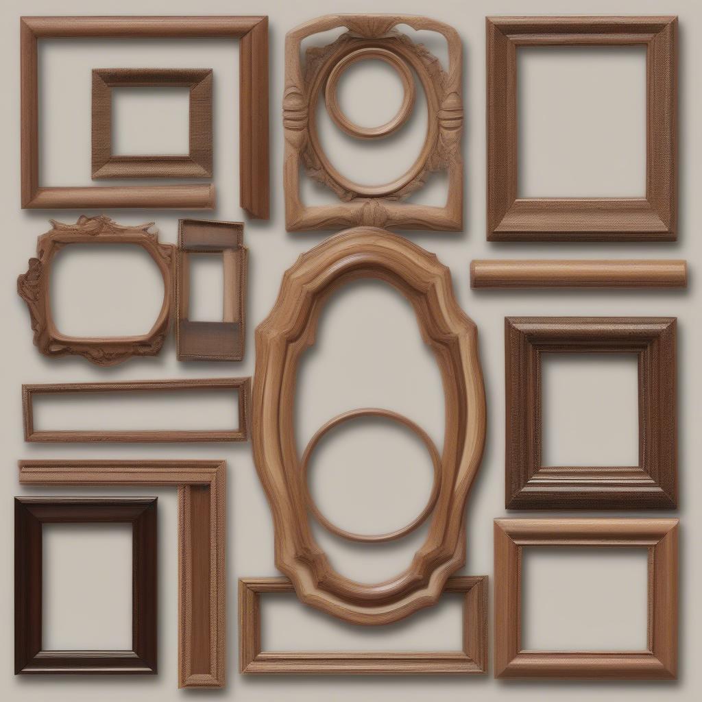 Various small wood frames in different shapes, sizes, and finishes.