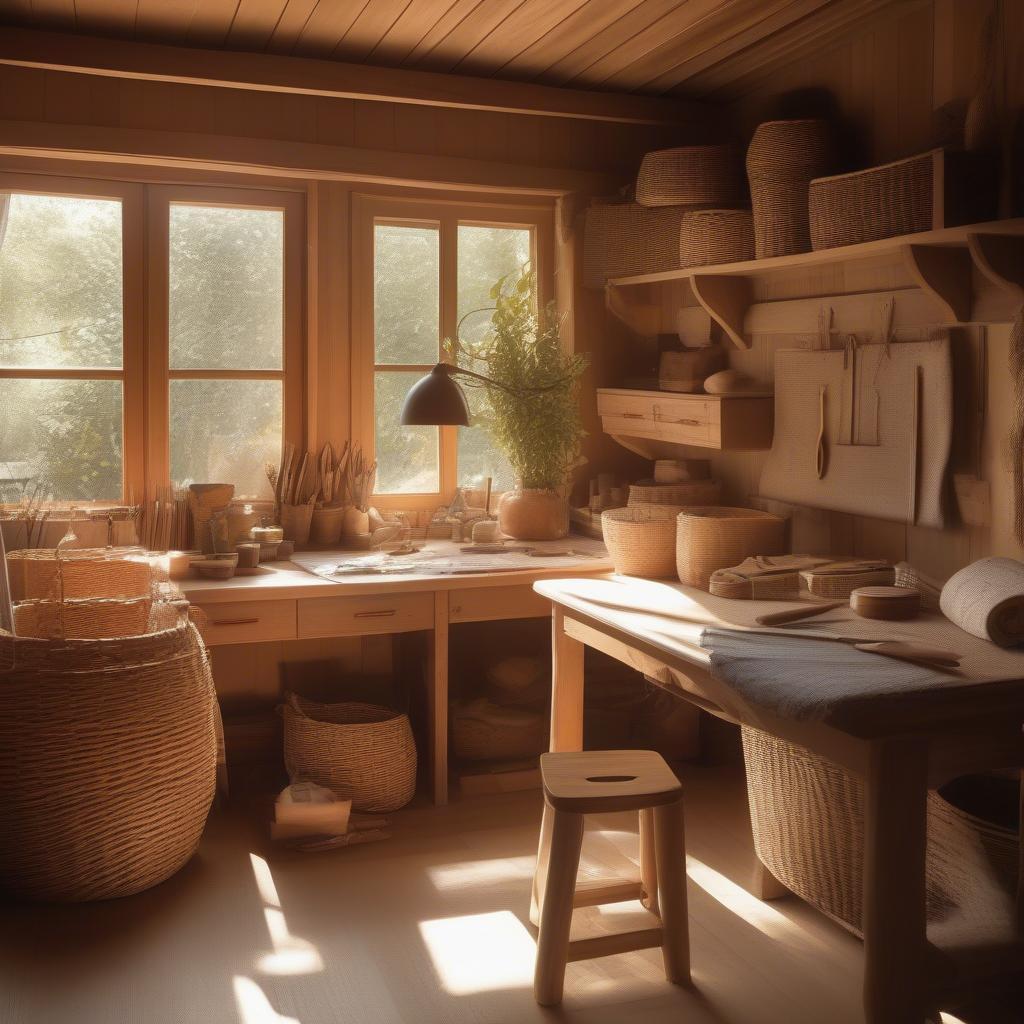 A cozy small wood house transformed into a craft studio, filled with natural light and wicker baskets.