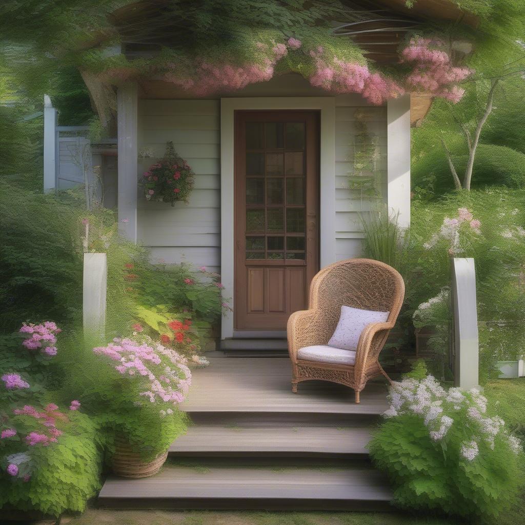 A charming small wood house nestled in a garden setting.