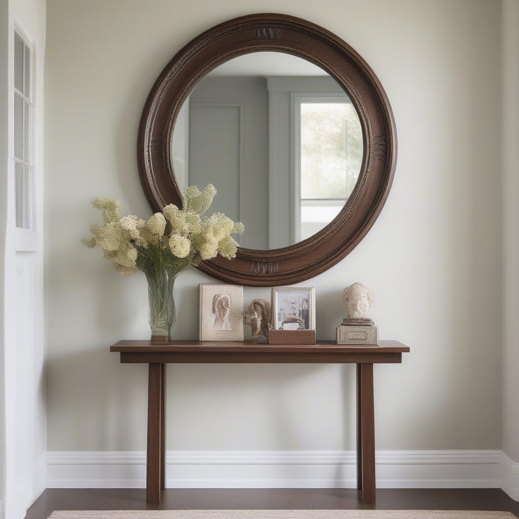 Small wood mirror in an entryway, adding a stylish touch and reflecting light