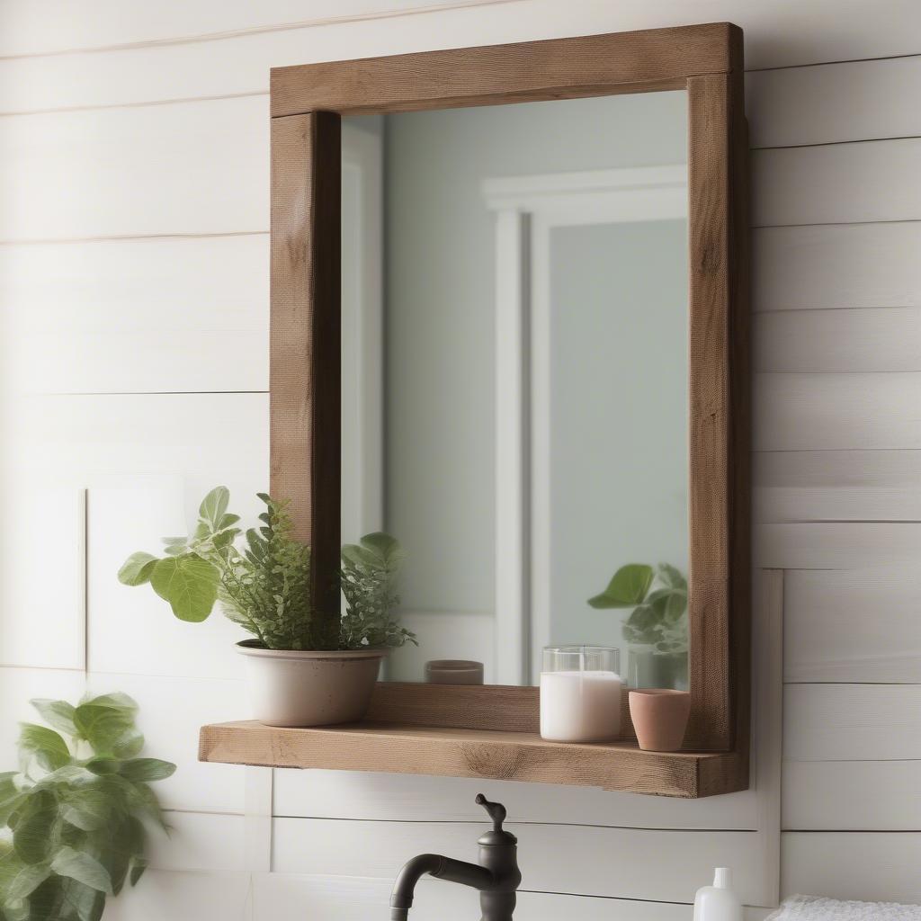 Small wood mirror in a rustic bathroom setting, reflecting natural light and adding a touch of warmth