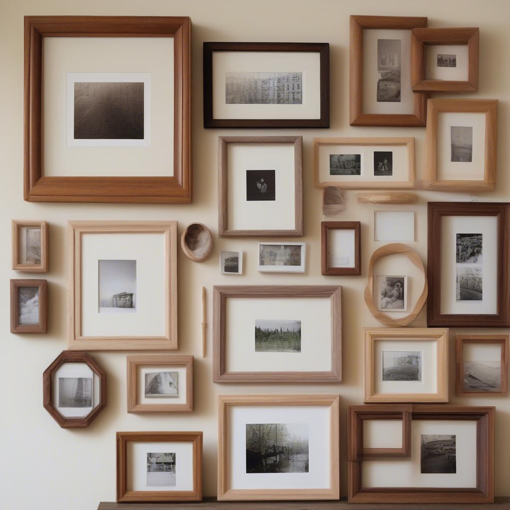 Display of small wood picture frames on a wall with various images