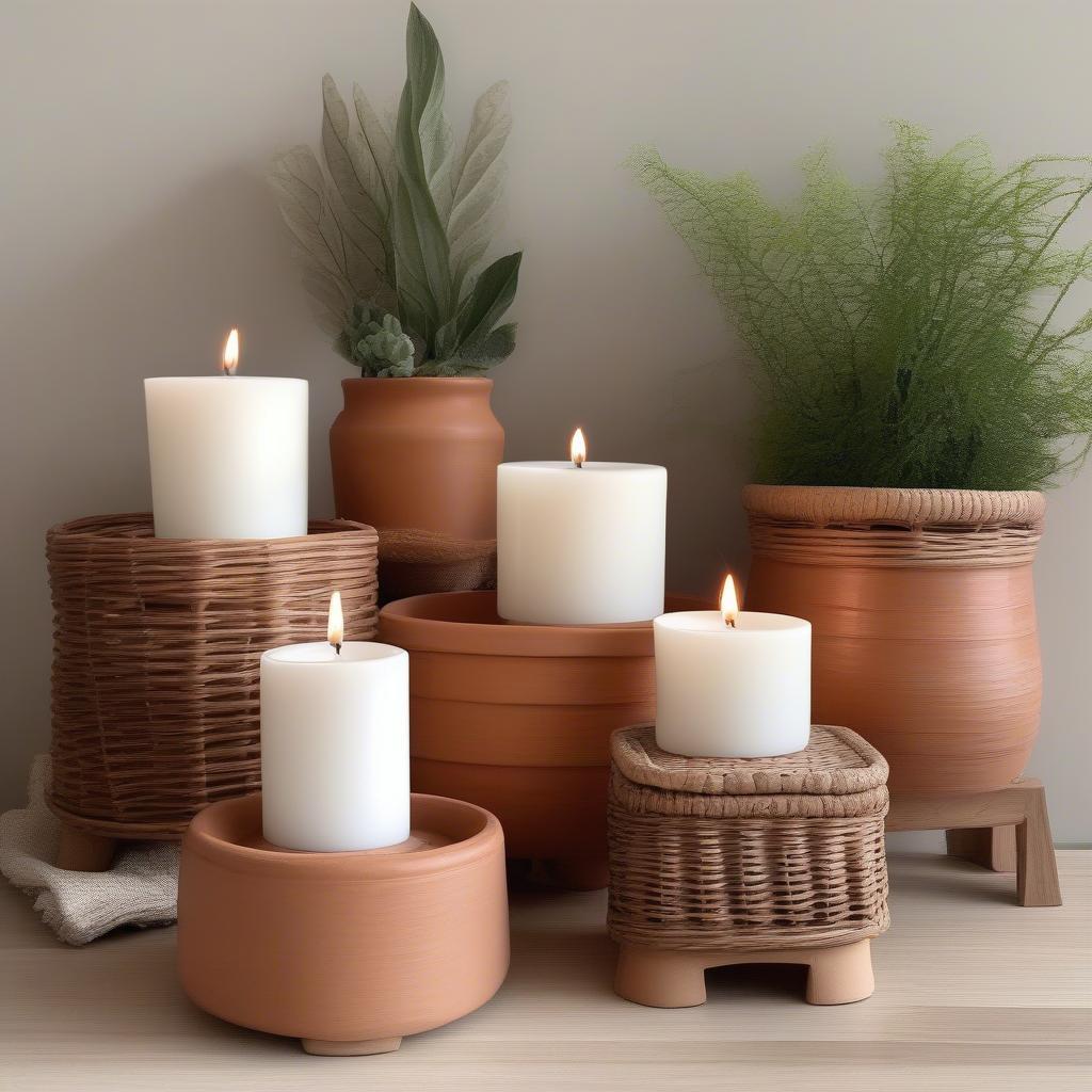 Small wood risers displaying candles and plants