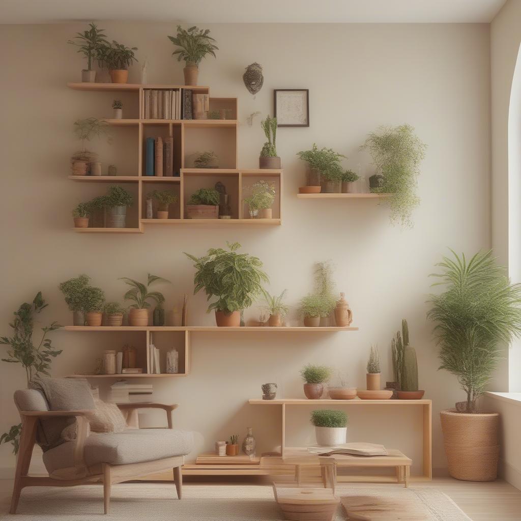 Small wood shelves displaying plants and books in a living room