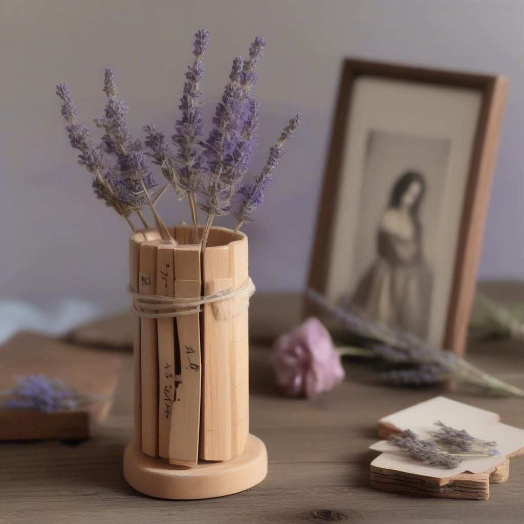 Small wood vase decorated with clothespins