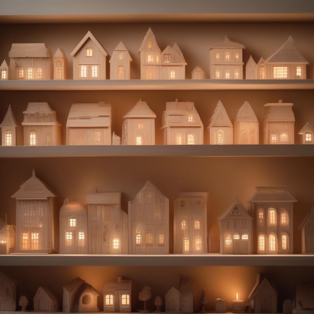 Small wooden houses decorating a mantelpiece