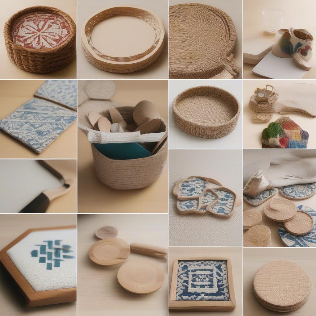 Examples of various DIY projects using smallwoods canvas, including coasters, placemats, and small baskets.