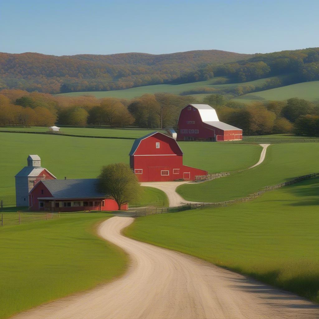 Scenic view of a smallwoods farm with rolling hills and a red barn