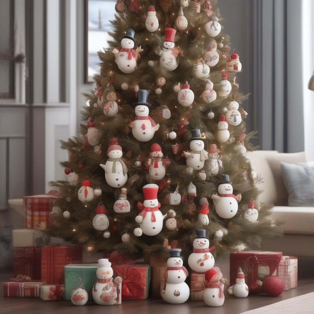 Snowman Ornaments Decorating a Christmas Tree