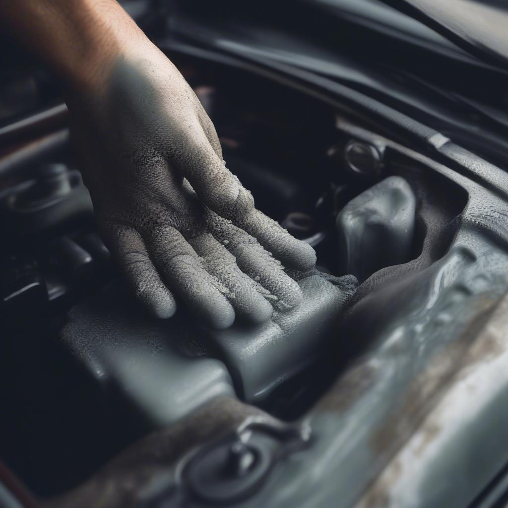 Mechanic's hands being cleaned with soap and grit