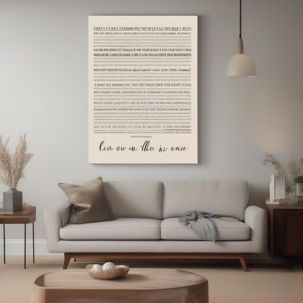 Song lyric canvas print hanging above a sofa in a cozy living room