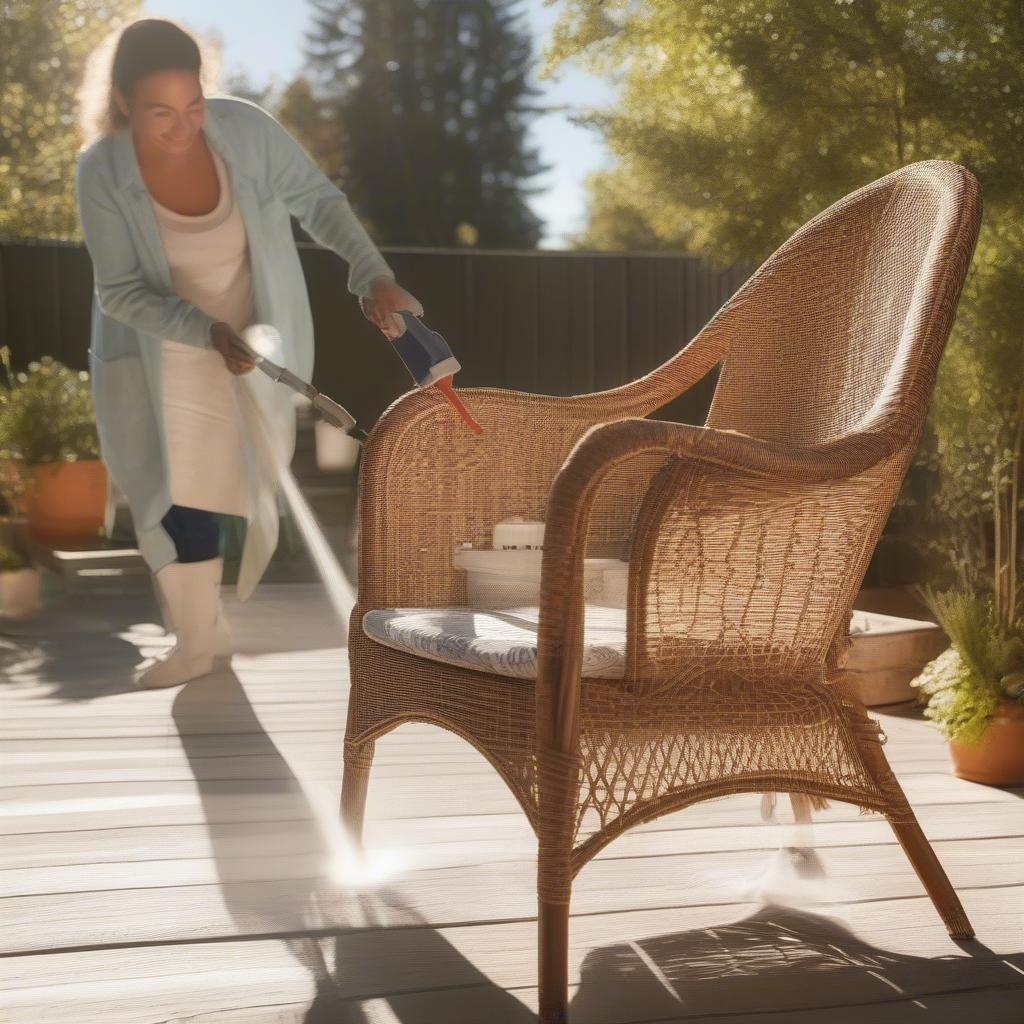 Spraying wicker furniture outdoors with sealant for protection