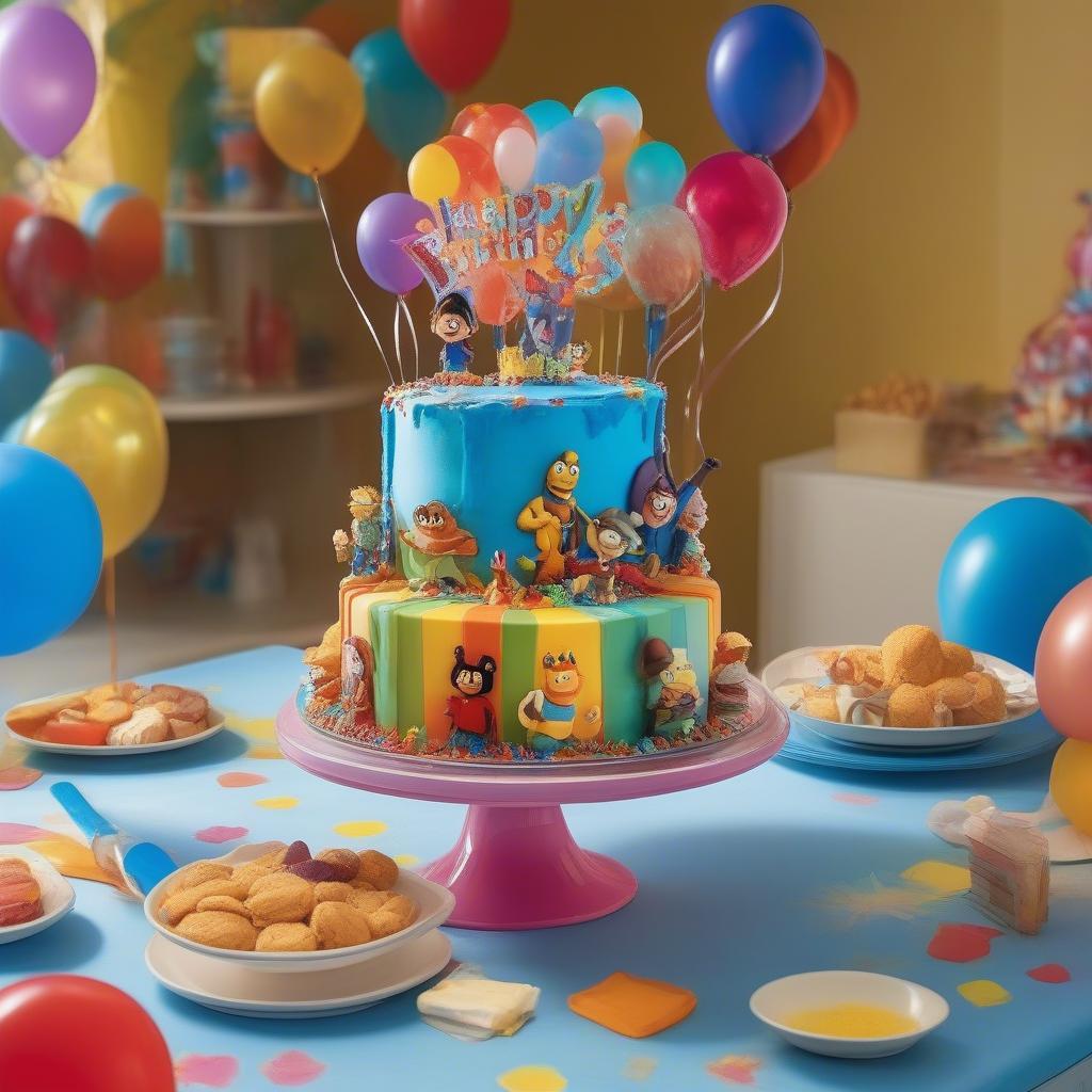 Square lighted acrylic cake stand displaying a birthday cake at a children's party. 