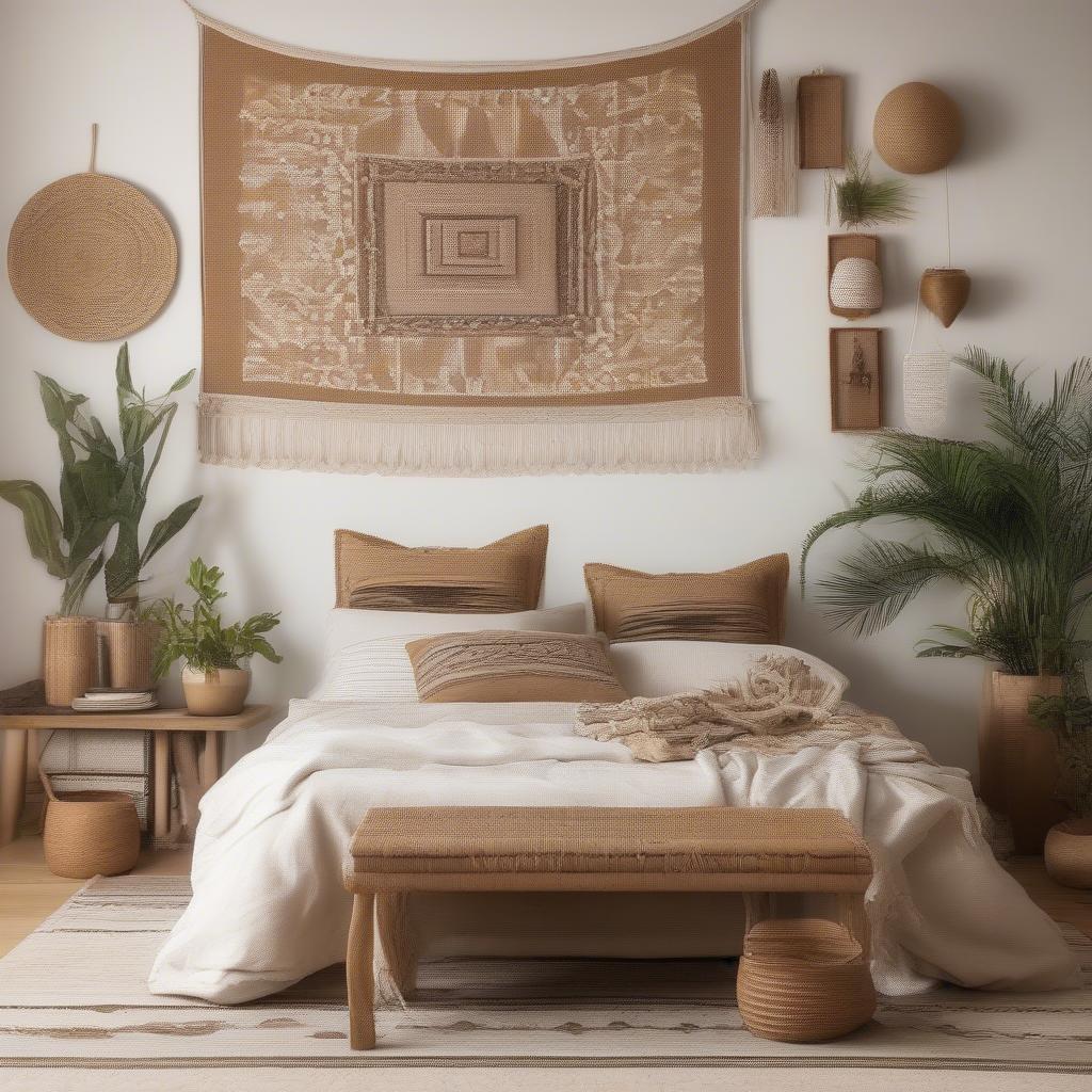 Square rattan wall decor hanging above a bed in a bohemian-style bedroom