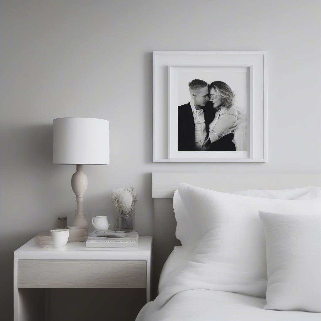 Square white frame displayed on a bedside table in a bedroom.