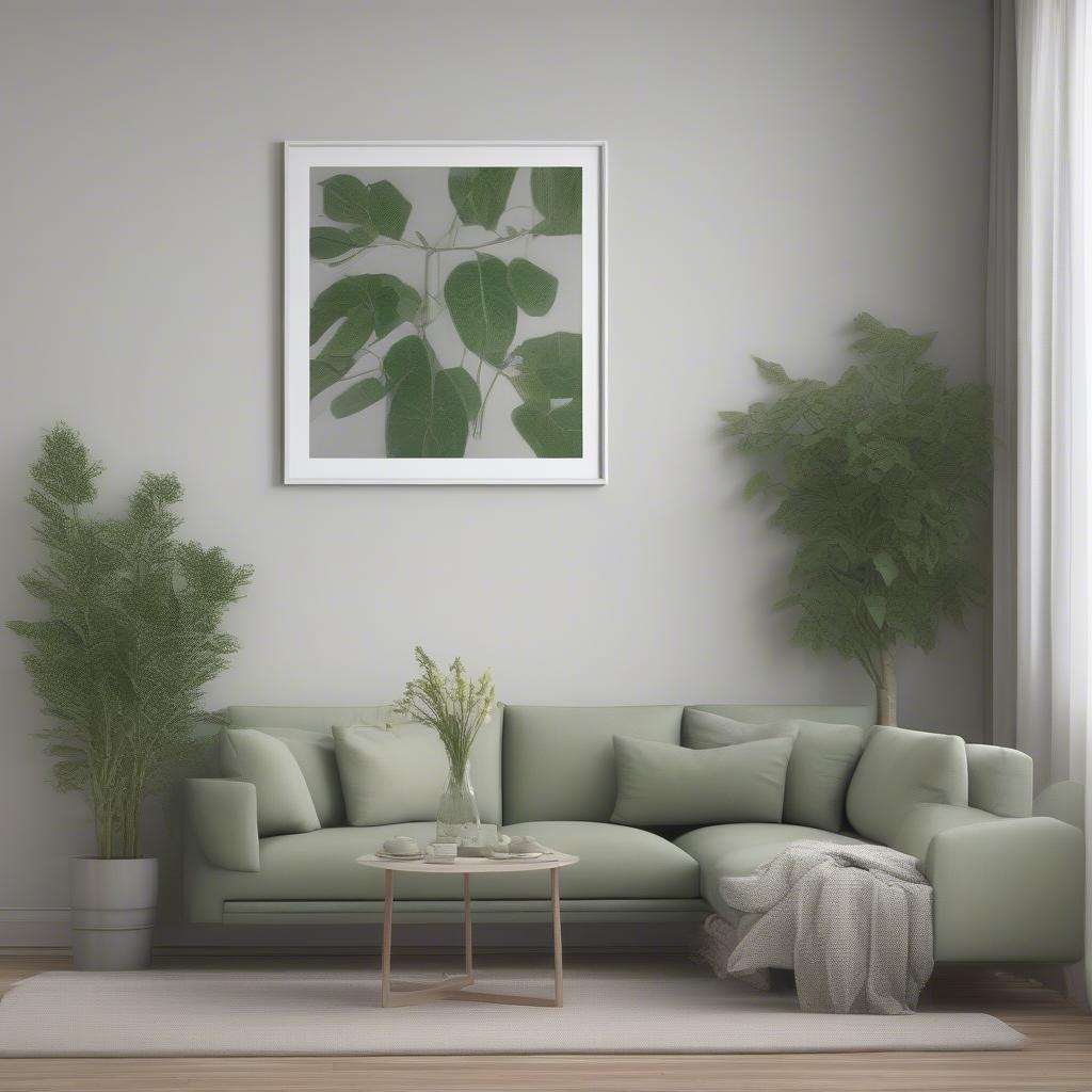 Square white frame displaying a botanical print in a modern living room.