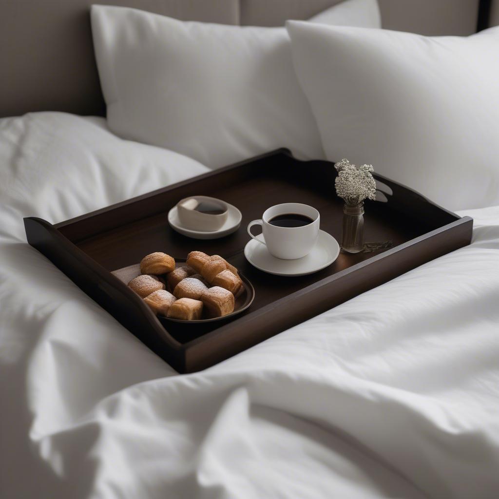 Square wood tray serving breakfast in bed