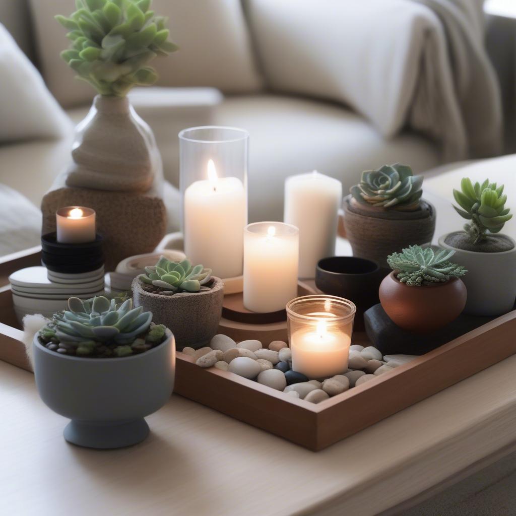 Square wood tray with candles and plants as a centerpiece